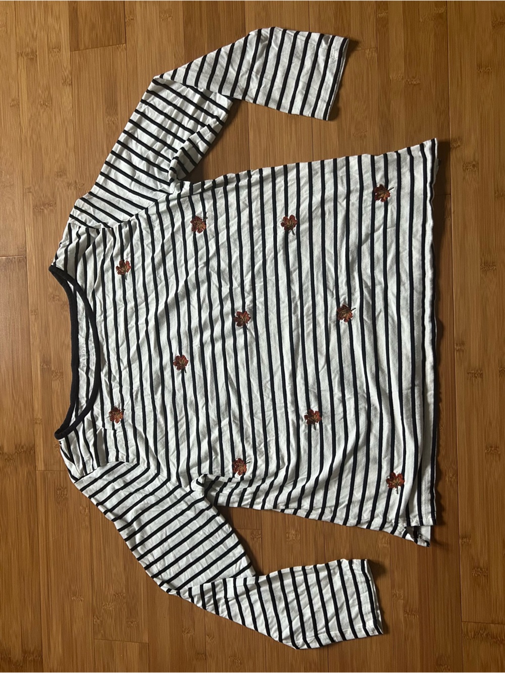 Talbots Striped Tee with Embroidered Leaves